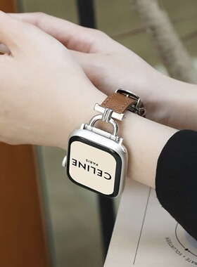 荔枝纹D扣皮质表带适用苹果手表iwatch10/987654蝴蝶扣女款表带