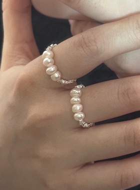 天然淡水珍珠串珠碎银手工戒指