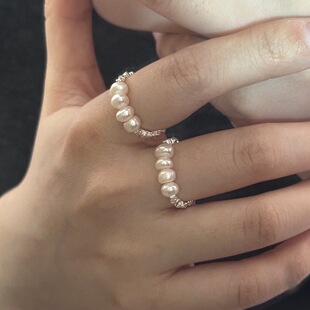 【天然淡水珍珠串珠 碎银子 手工戒指】新款S925银 个性时尚简约