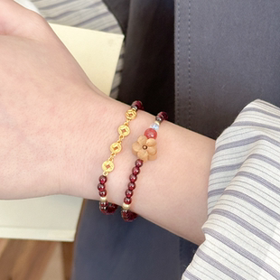 VividEon天然石榴石手串女 收藏级净体 桃木钱币链 秋冬叠带原创