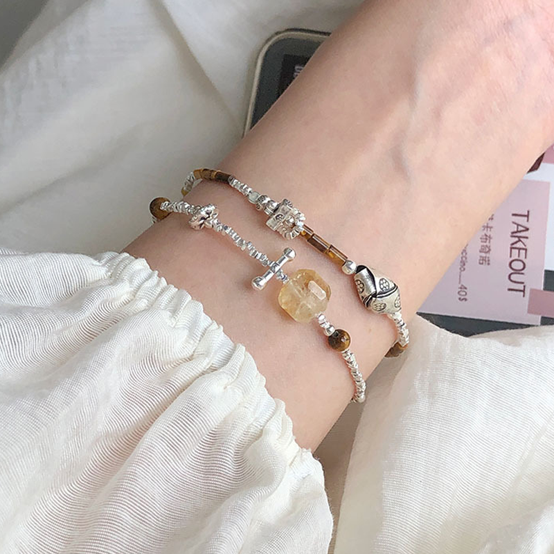 天然黄水晶碎银虎眼石泰银手链