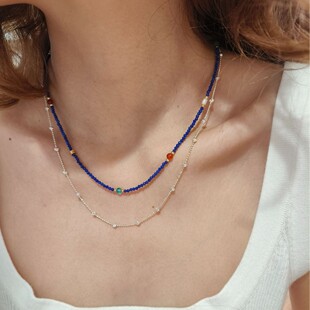 切面青金石项链颈链多宝彩色串珠项链女秋冬叠带S925银小众百搭