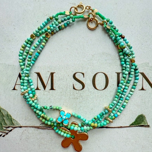 极细天然绿松石手链手串 花朵四叶草 VividEon双层编制女小众叠带