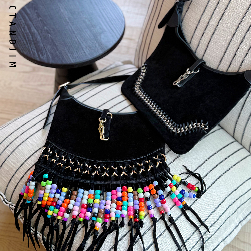 CTANDJIM马场时光机重工珠珠流苏 斜挎包 hobo包 流浪包黑色麂皮