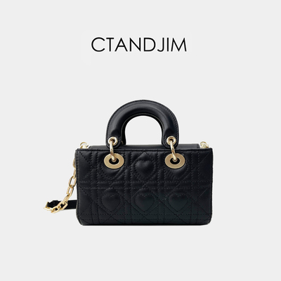 CTANDJIM袖珍爱心刺绣袖珍手机包 精致小羊皮黑色手提包 斜挎包
