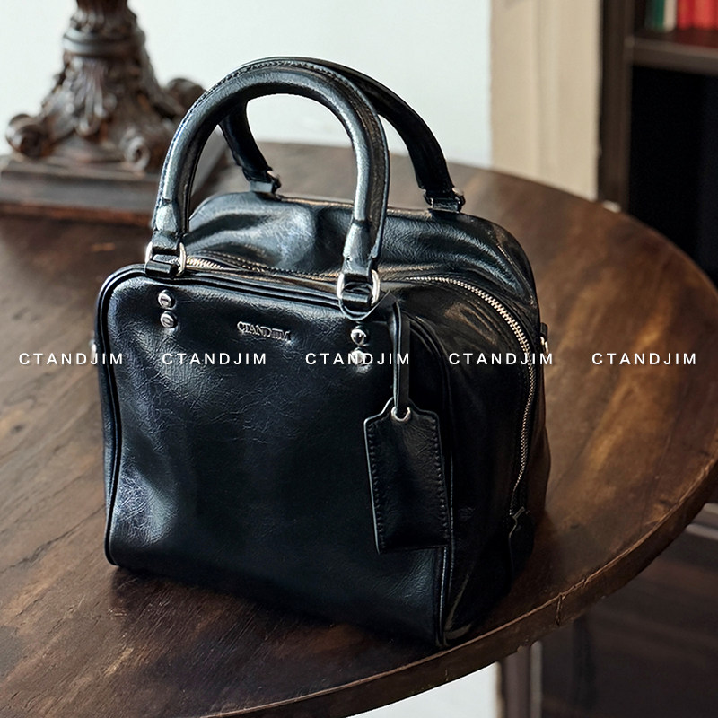 CTANDJIM头层油蜡皮黑色豆腐包  吐司包 手提包 斜挎包