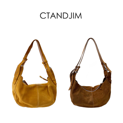 CTANDJIM  free披浦麂皮双皮带设计 流浪包 牛角包 斜挎包 女包