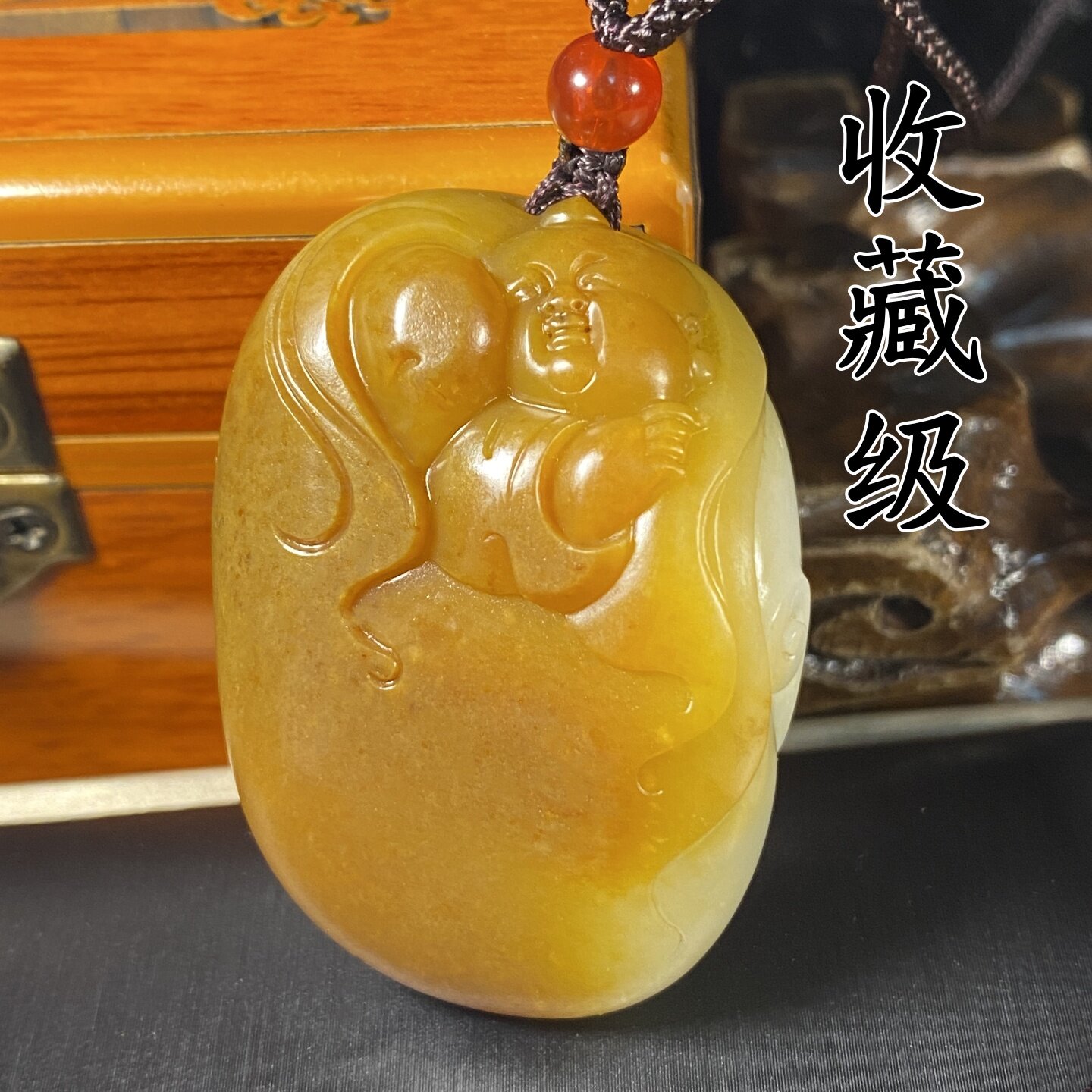 【收藏级】天然保真新疆和田枣红沁色籽料吊坠童子男女款苏工挂件