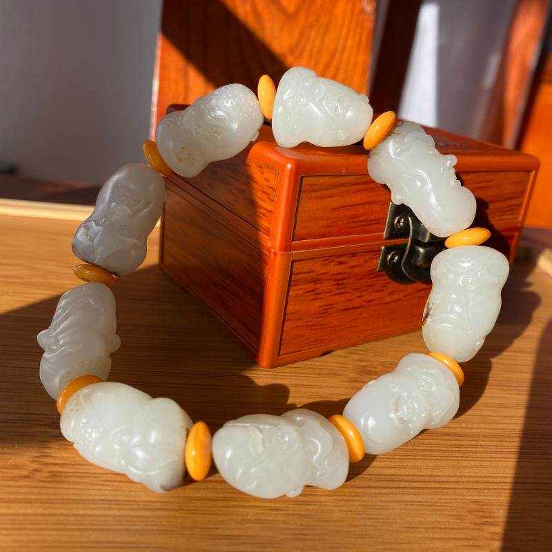 【收藏级】天然正品新疆和田白玉籽料十八罗汉手链男款带原皮苏工