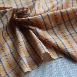 新品水洗棉色织橘黄格纹薄款肌理压皱衬衫服装面料140cm宽1米价