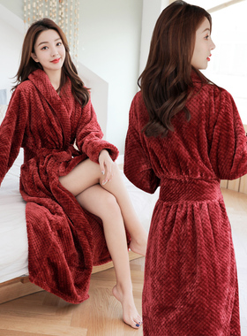 秋冬季长款睡袍女性感收腰浴袍女加厚保暖睡衣法兰绒大码加绒浴衣