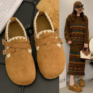 豆豆鞋 复古皮带扣懒人全包休闲单鞋 女2025新款 棕色包头平底博肯鞋