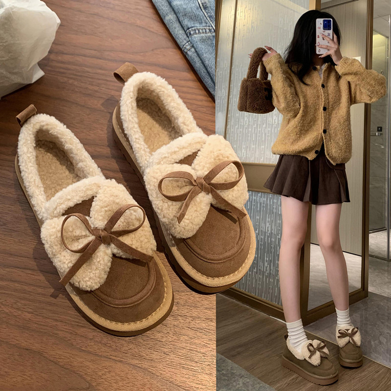 2025秋冬加绒保暖外穿棉鞋女一脚蹬乐福鞋厚底防滑包跟孕妇豆豆鞋