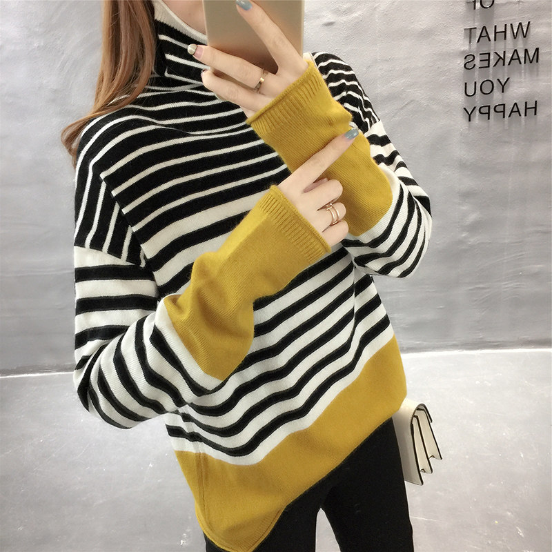 高领毛衣女宽松秋冬套头韩版短款堆堆领网红黑白条纹打底针织衫女|ruв категории Женская одежда, свитер - от Buy2taobao.com для оказания профессиональной услуги покупки агента Taobao
