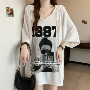 设计感连帽短袖卫衣女夏季新款大码微胖mm休闲显瘦中长款T恤上衣