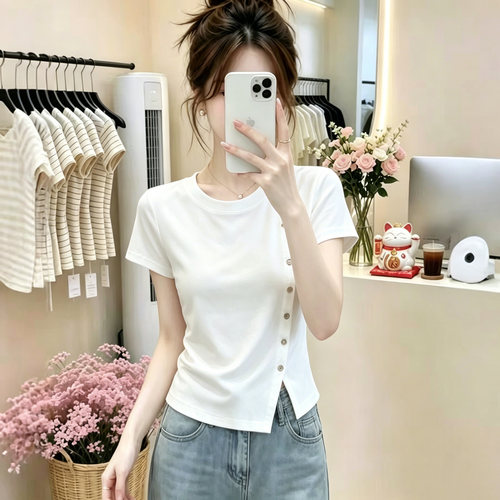 韩系侧扣开叉短袖大码胖MMT恤女夏季新款修身时尚小众气质上衣潮