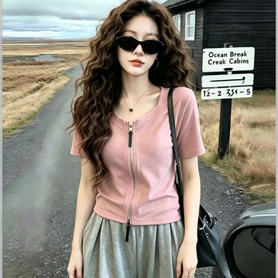 轻熟风双拉链短袖T恤女夏季新款大码胖mm设计感小众遮肚显瘦上衣