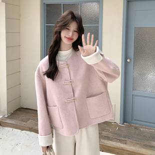 超好看新中式粉色双面羊毛大衣女短款小个子秋冬小香风毛呢外套