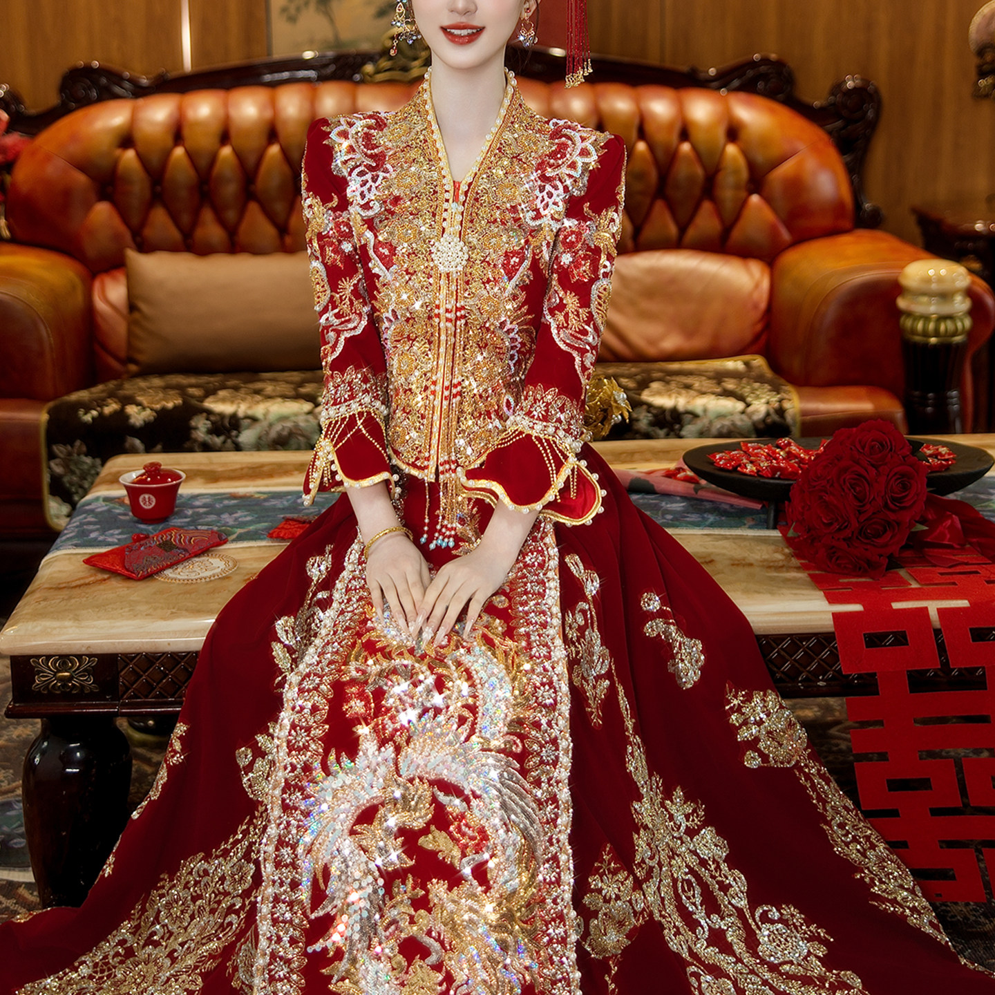 高端丝绒秀禾服2025新款中式新娘嫁衣凤冠霞帔重工出阁礼服婚服冬,女装/女士精品,秀禾服,淘宝优惠券,粉丝福利购,淘宝优惠卷
