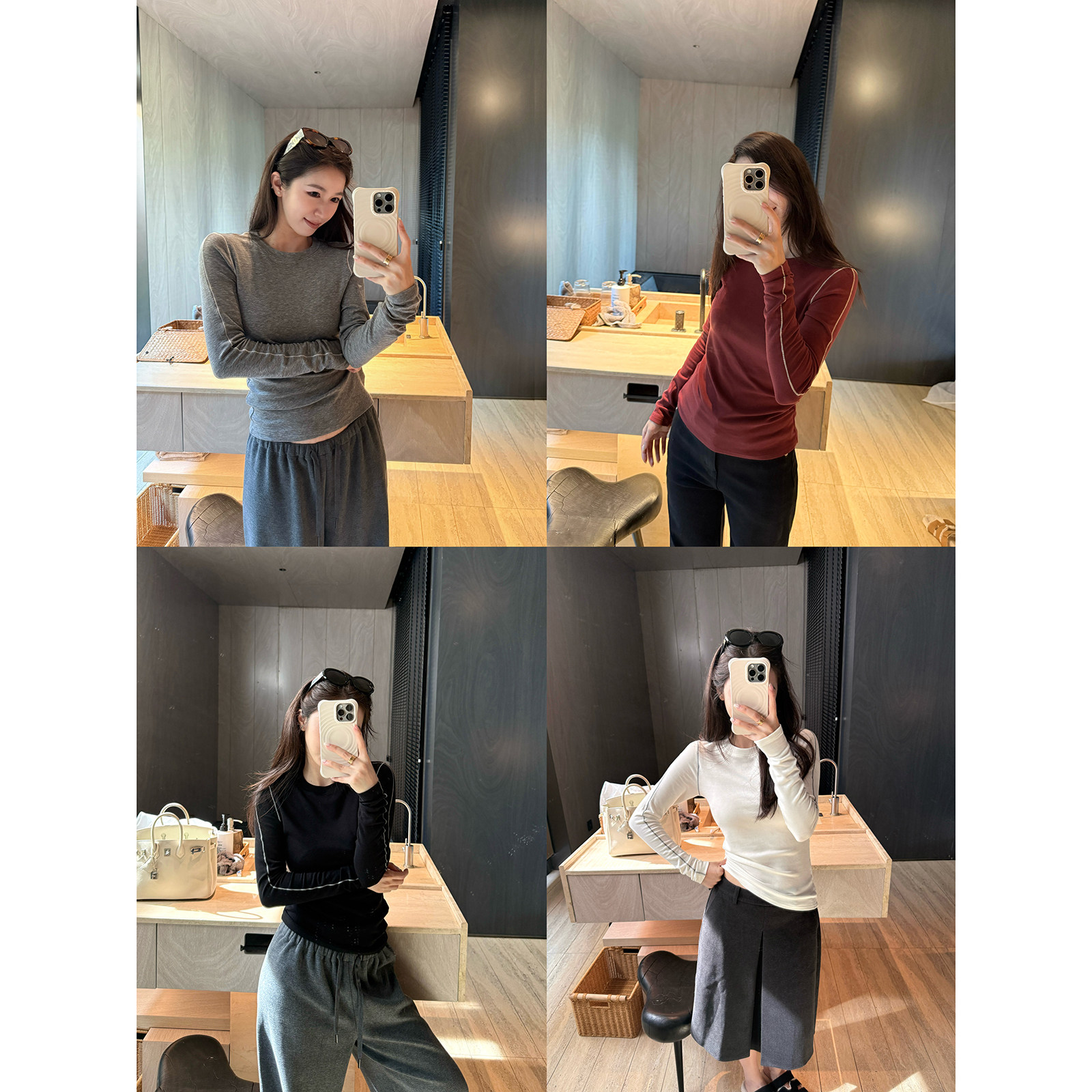 MOMENTHOME羊毛天丝明线修身WAN能休闲打底衫女长袖T恤圆领套头衫图片