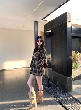 MOMENTHOME 色系偏爱格子银扣棕灰色磨毛衬衣BF风衬衫女