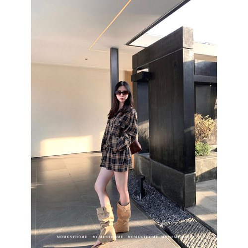 MOMENTHOME 色系偏爱格子银扣棕灰色磨毛衬衣BF风衬衫女