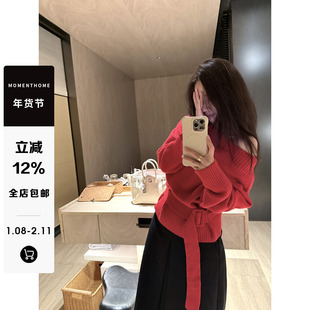 MOMENTHOME 糯感细腻腰带设计可拉肩厚实优雅套头长袖毛衣针织衫