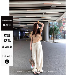 MOMENTHOME 耐看亚麻慵懒感绑带休闲裤垂感高腰长裤女夏
