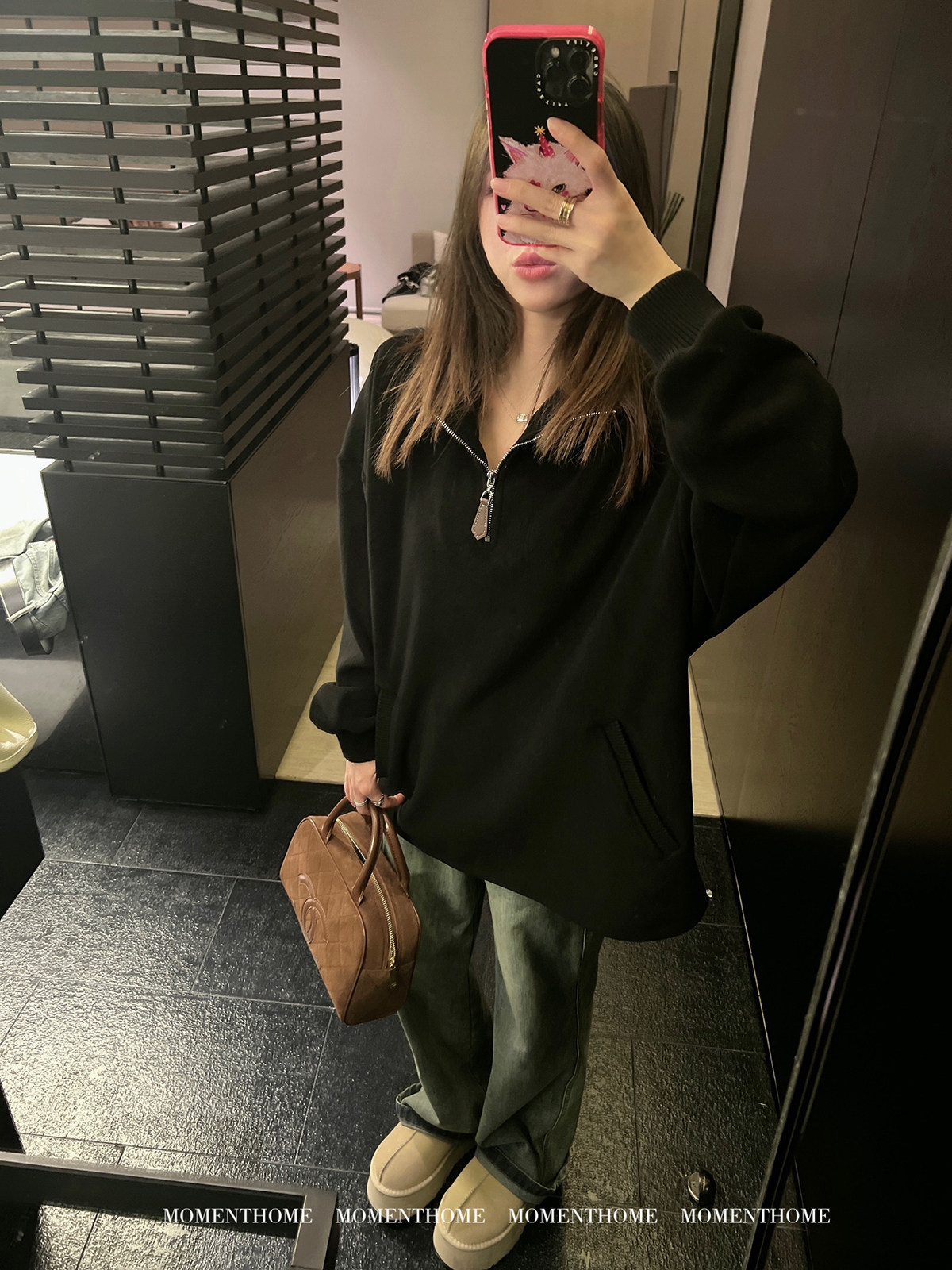 MOMENTHOME 双面细腻绒料保暖拉链翻领宽松卫衣套头绒衫图片