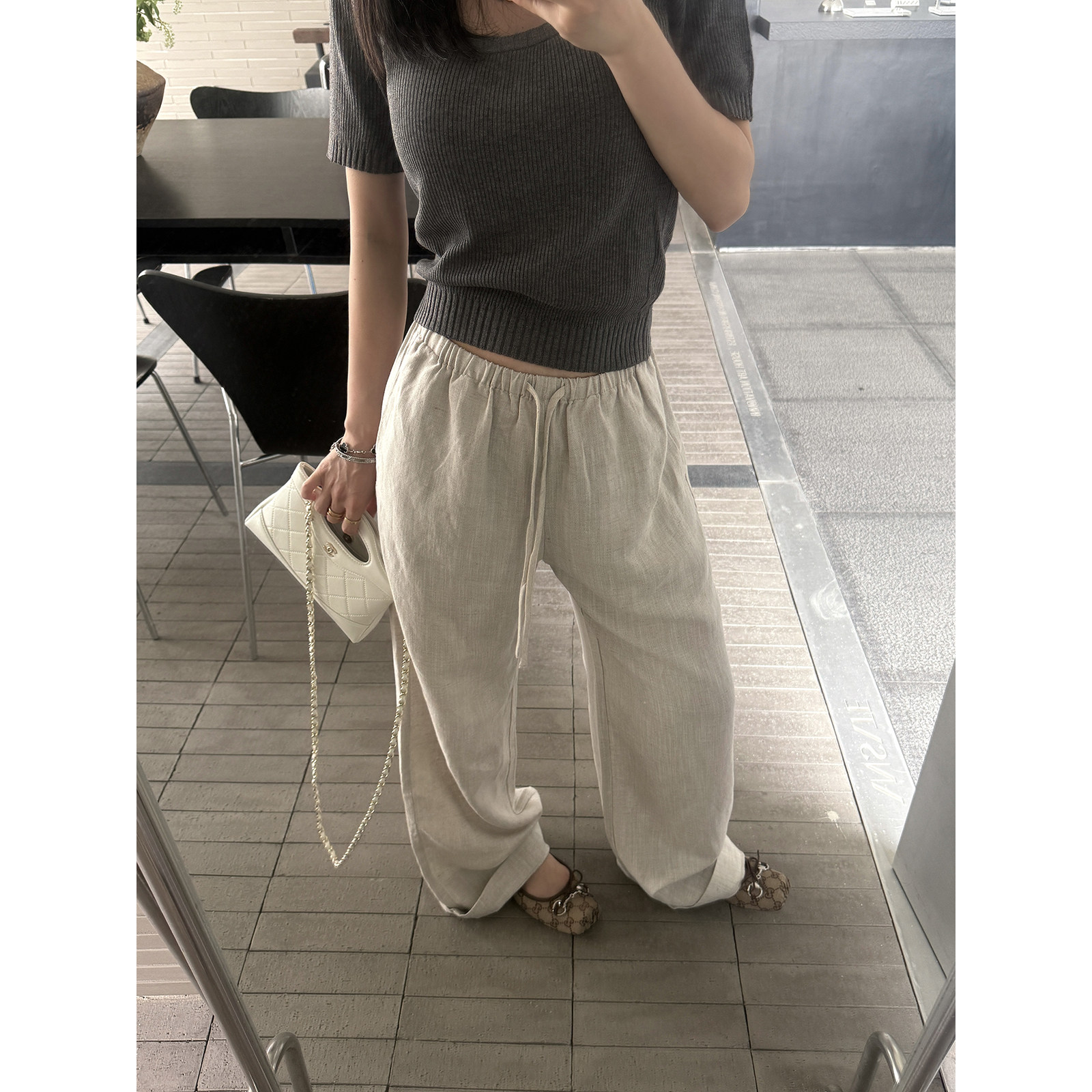 MOMENTHOME休闲百搭慵懒天丝亚麻休闲细腰绳直筒裤长裤女夏图片
