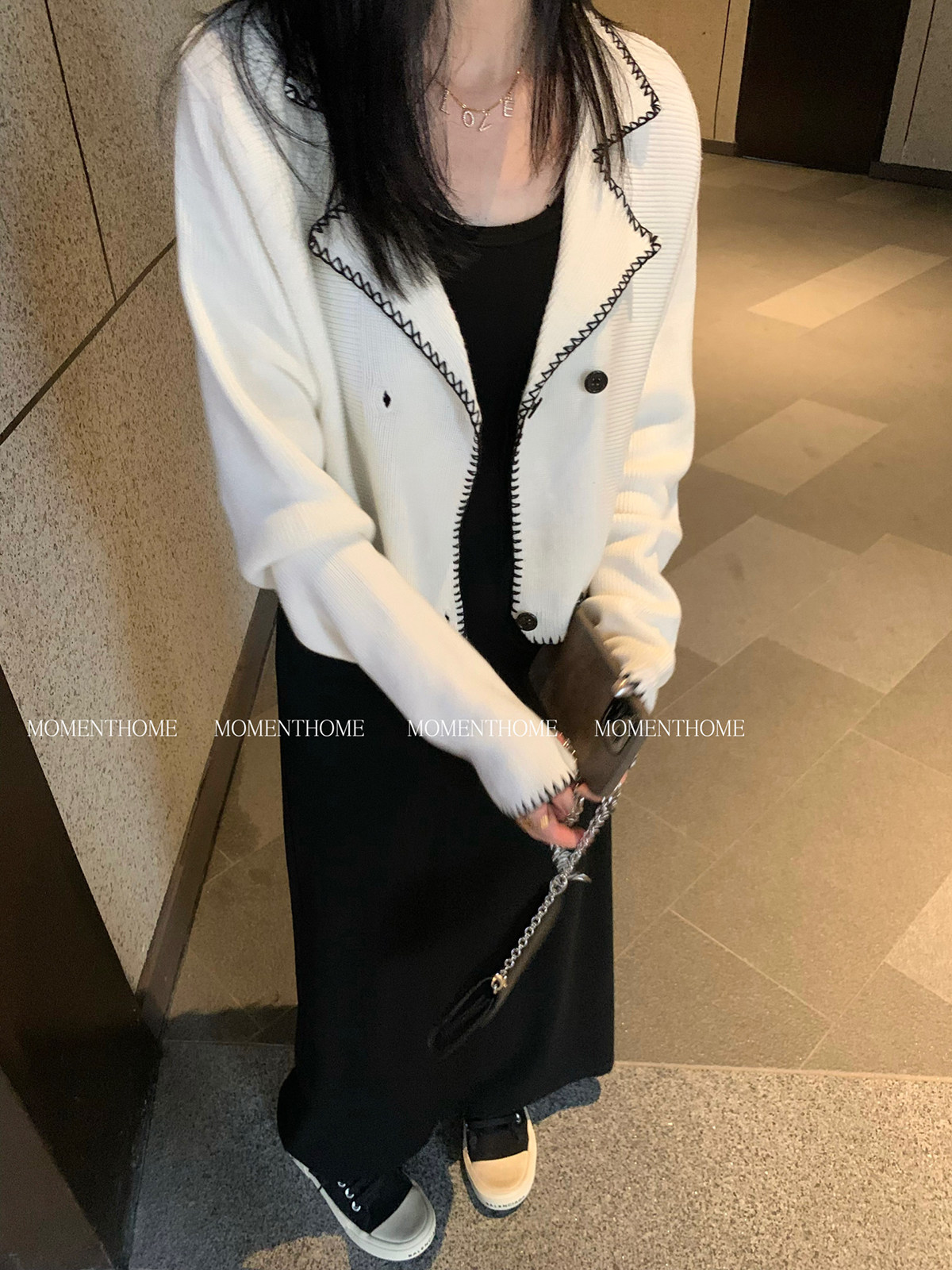 锁边短款小香风长袖针织女图片