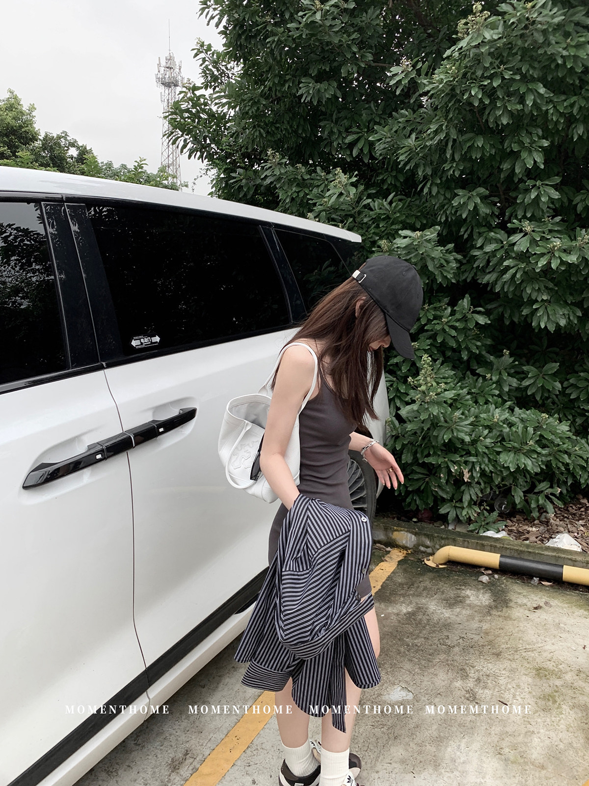 MOMENTHOME 棉感轮廓条纹条纹衬衣+收腰显瘦百搭吊带裙夏图片