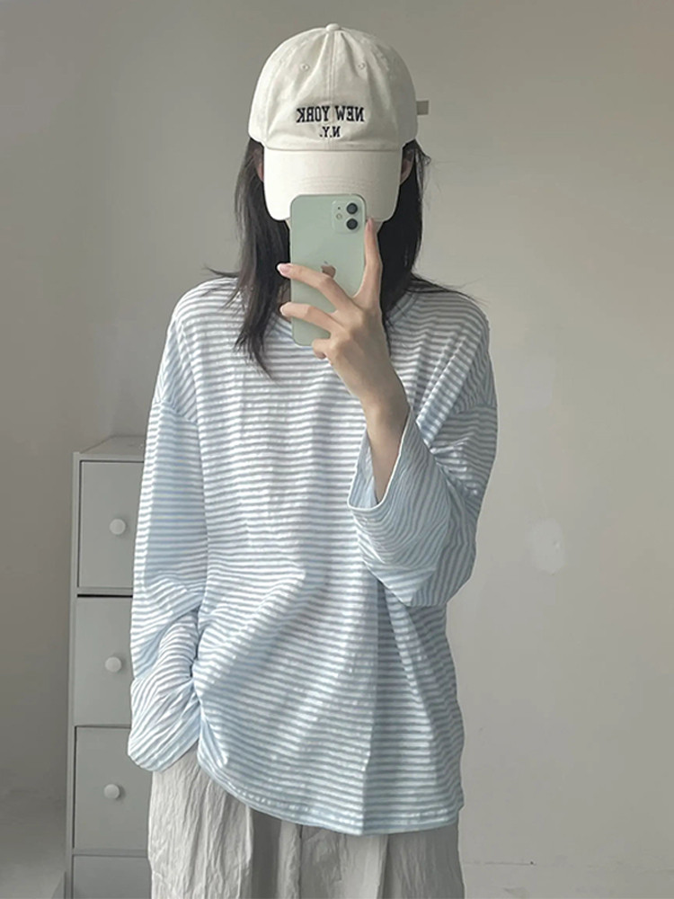 慵懒风蓝色条纹防晒长袖T恤女夏季薄款宽松百搭中长款设计感上衣