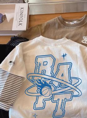 潮流篮球BAPT男童纯棉长袖T恤春秋2025新款宽松童装上衣假两件