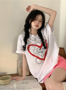 *捡漏一线*专柜*撤回剪标爱心小熊印花短袖T恤女夏纯棉宽松上衣