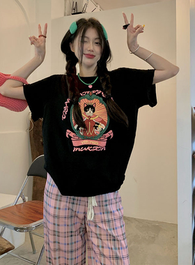 *捡漏专柜*撤回剪标卡通黑猫国王印花短袖T恤女夏季纯棉宽松上衣