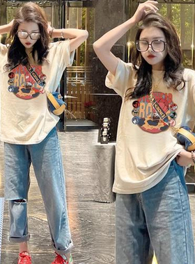 *捡漏一线*专柜*撤回剪标慵懒卡通印花短袖T恤女夏纯棉宽松上衣