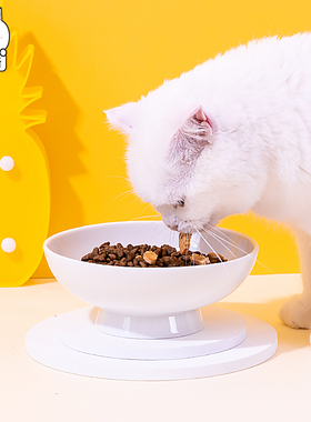 丢小新 白色陶瓷高脚猫碗保护颈椎防打翻大口猫食盆喝水碗