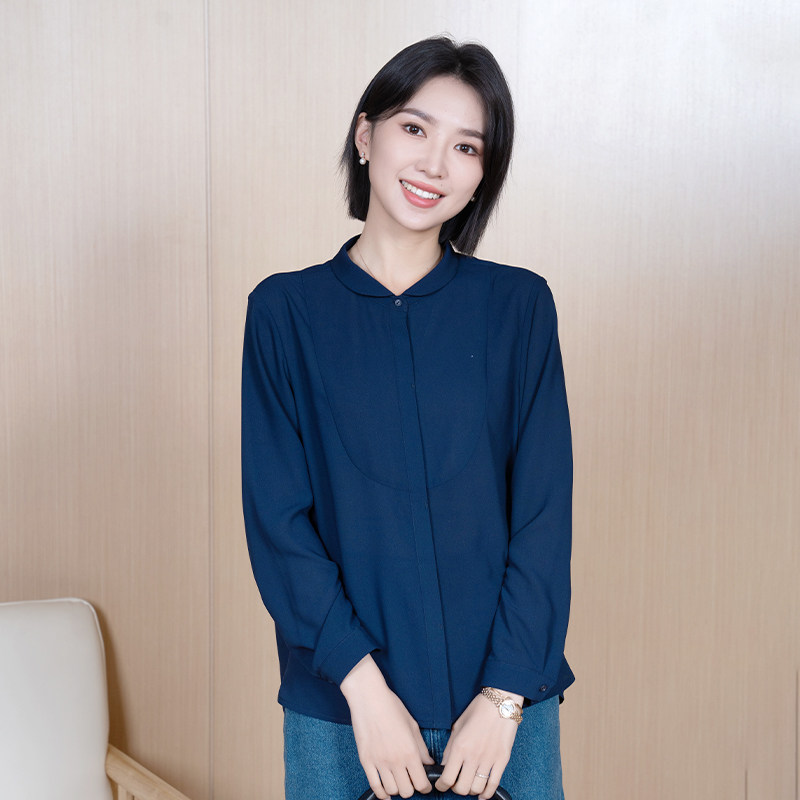 YUN2025春季新款女装简约淑女纯色娃娃领单排扣雪纺衬衫5118-1