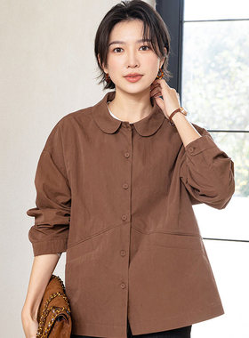 YUN韫2026春季新品女装宽松休闲翻领开襟单排扣咖色衬衫外套