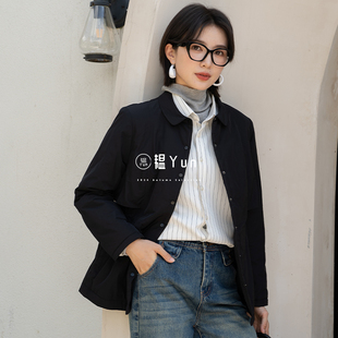 YUN韫2025冬季新品女装翻领抽绳收腰单排扣夹棉宽松休闲风衣外套