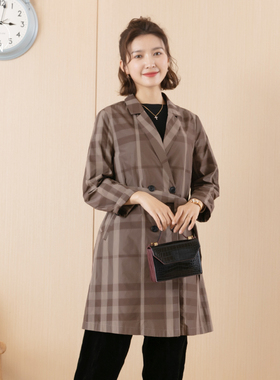 【YUN】2022春季新款女装西装领格子中长款双排扣腰带薄女风衣