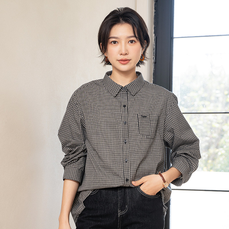 YUN韫春季通勤纯棉格子长袖衬衫