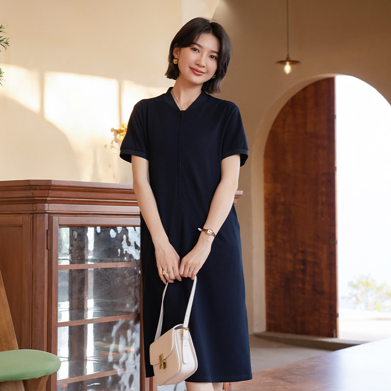 YUN2025夏季新品女装螺纹领半拉链设计感棉针织短袖连衣裙5592