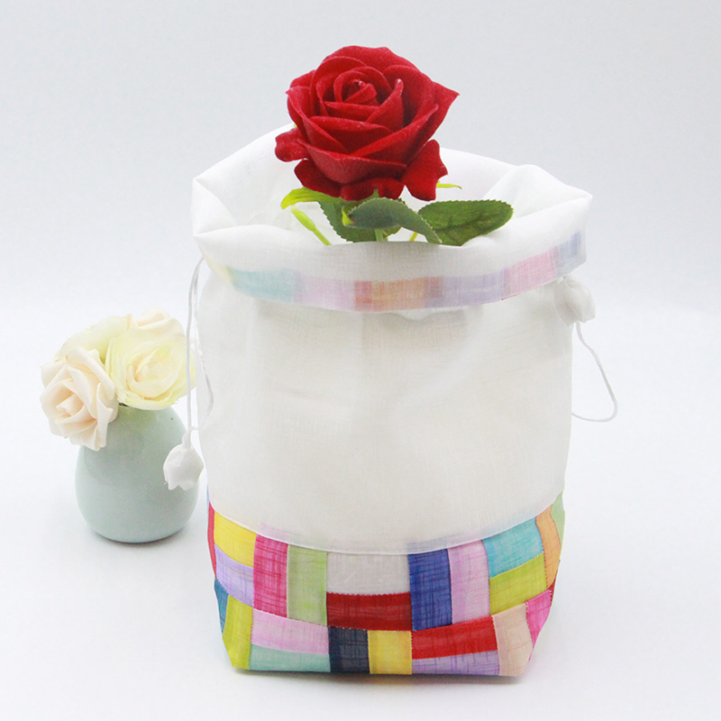 抽绳袋束口袋方底民族风韩版拼接礼品袋礼物袋白色竹节纱袋透气袋