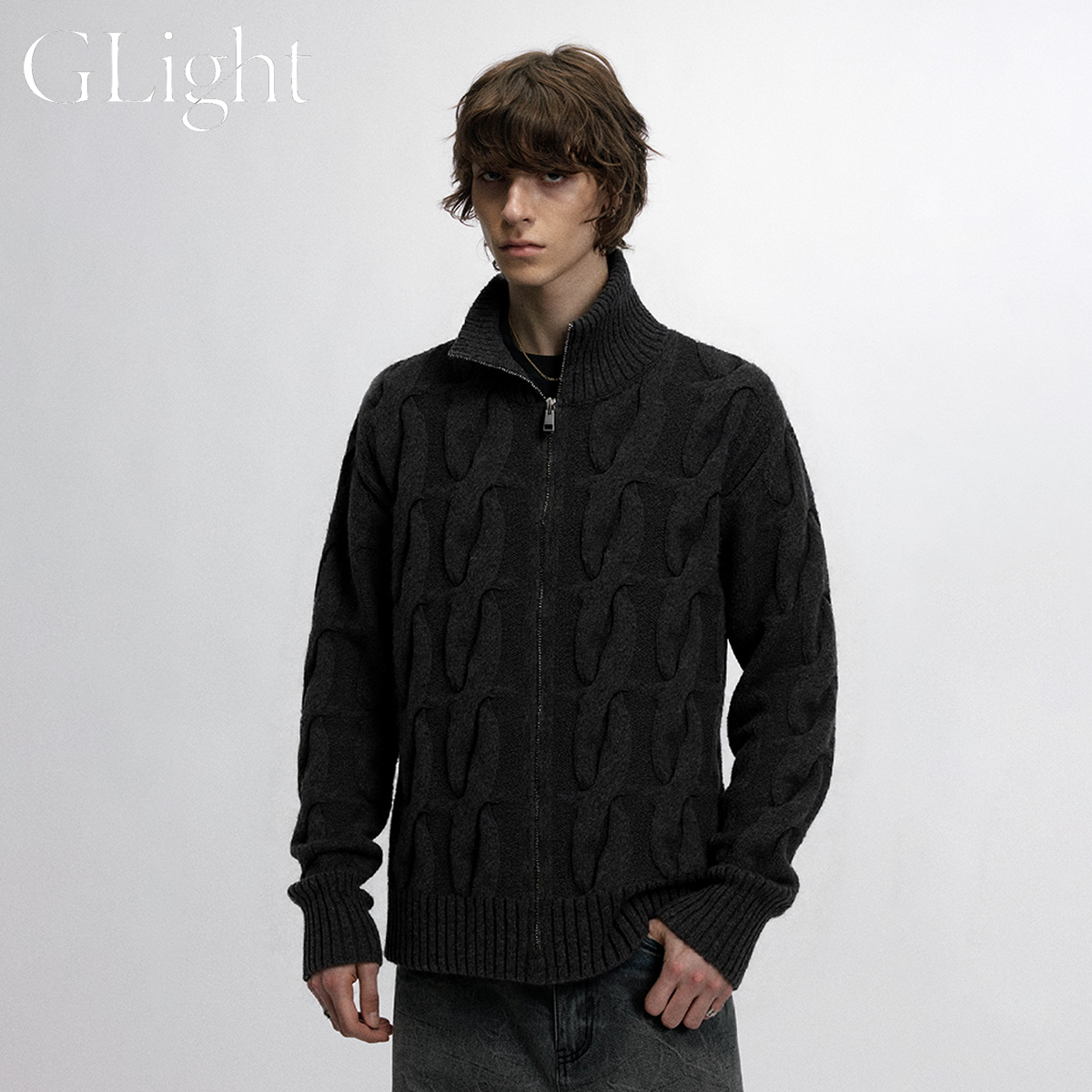 G Light秋冬拉链开衫毛衣男女慵懒高级感麻花高领针织衫情侣外套