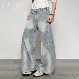 男女宽松阔腿镰刀松弛复古慵懒长裤 水洗弯刀牛仔裤 子 Light美式