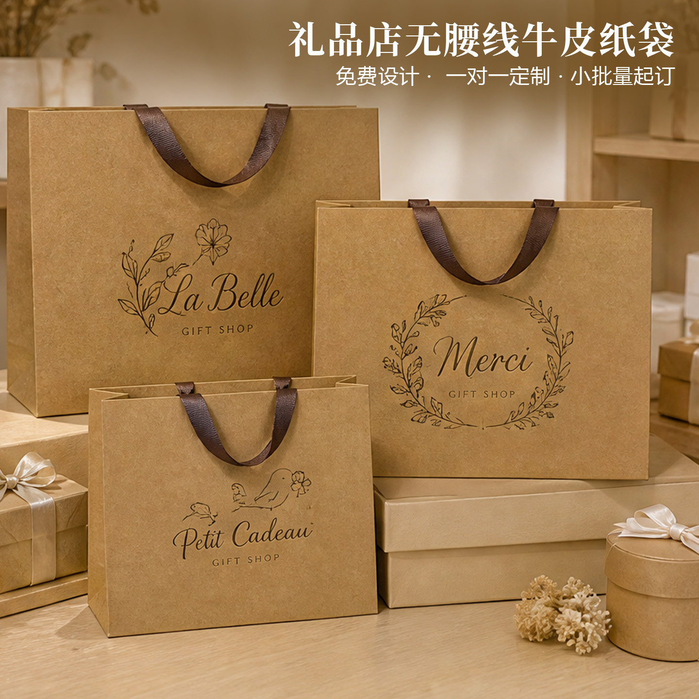 简约加厚牛皮纸袋可定制印刷logo服装店手提袋礼品袋茶叶礼盒包装