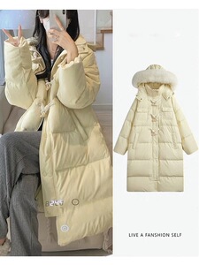 2023年冬季新款牛角扣羽绒服女中长款加厚白鸭绒大毛领连帽外套