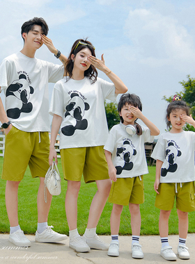 FeJa亲子装夏装2025新款一家三口四口短袖T恤上衣父子装熊猫印花T